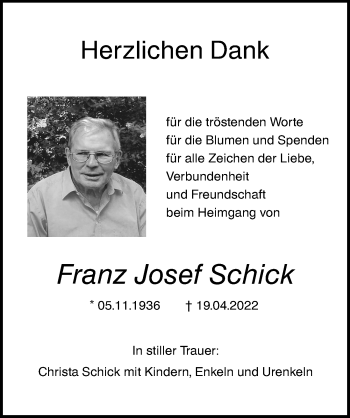Traueranzeige von Franz Josef Schick von Augsburger Allgemeine, Neu-Ulmer Zeitung