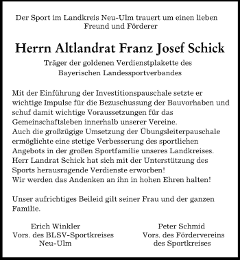 Traueranzeige von Franz Josef Schick von Illertisser Zeitung, Neu-Ulmer Zeitung