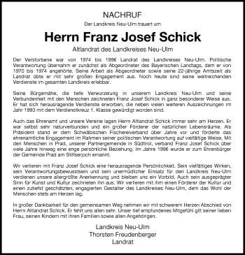 Traueranzeige von Franz Josef Schick von Neu-Ulmer Zeitung, Illertisser Zeitung