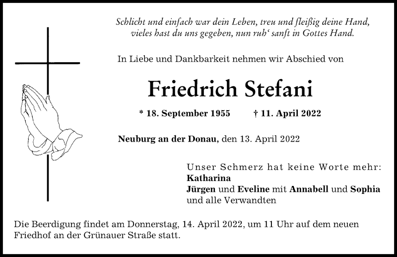  Traueranzeige für Friedrich Stefani vom 13.04.2022 aus Neuburger Rundschau