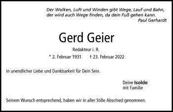 Traueranzeige von Gerd Geier von Augsburger Allgemeine