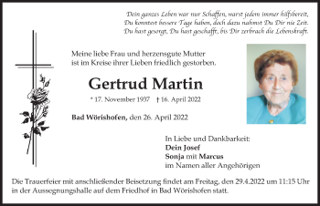Traueranzeige von Gertrud Martin von Mindelheimer Zeitung
