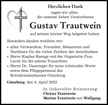 Traueranzeige von Gustav Trautwein von Günzburger Zeitung