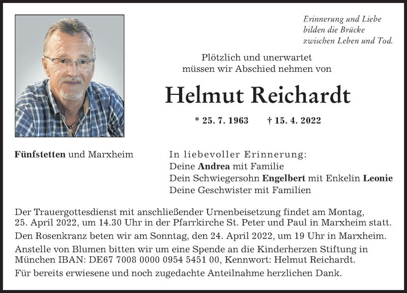  Traueranzeige für Helmut Reichardt vom 22.04.2022 aus Donauwörther Zeitung
