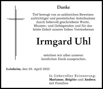 Traueranzeige von Irmgard Uhl von Günzburger Zeitung