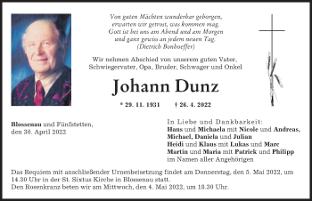 Traueranzeige von Johann Dunz von Donauwörther Zeitung