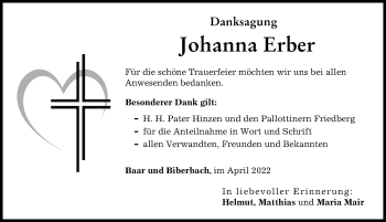 Traueranzeige von Johanna Erber von Augsburg-Land, Aichacher Nachrichten