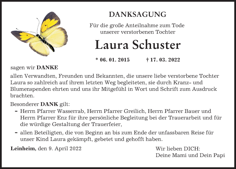  Traueranzeige für Laura Schuster vom 09.04.2022 aus Mittelschwäbische Nachrichten, Günzburger Zeitung