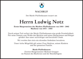 Traueranzeige von Ludwig Notz von Mindelheimer Zeitung