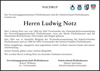 Traueranzeige von Ludwig Notz von Mindelheimer Zeitung