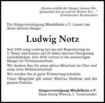 Traueranzeige von Ludwig Notz von Mindelheimer Zeitung