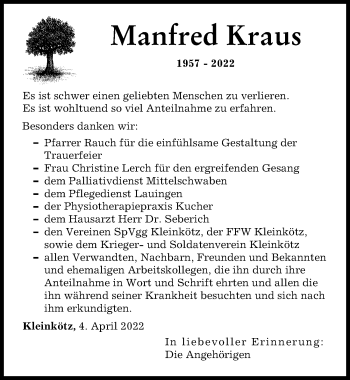 Traueranzeige von Manfred Kraus von Günzburger Zeitung