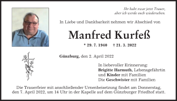 Traueranzeige von Manfred Kurfeß von Günzburger Zeitung