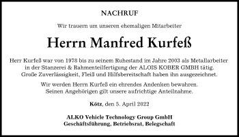 Traueranzeige von Manfred Kurfeß von Günzburger Zeitung