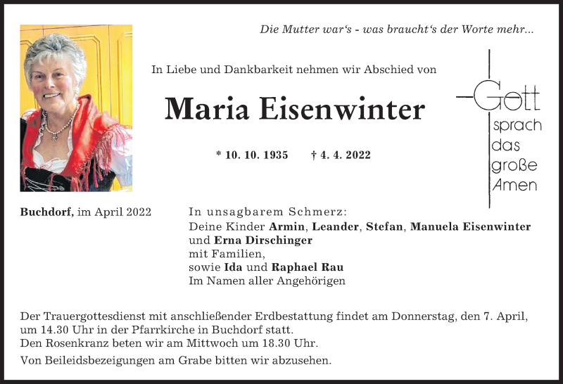  Traueranzeige für Maria Eisenwinter vom 06.04.2022 aus Donauwörther Zeitung