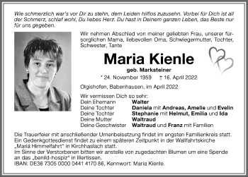 Traueranzeige von Maria Kienle von Illertisser Zeitung, Augsburger Allgemeine