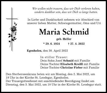 Traueranzeige von Maria Schmid von Friedberger Allgemeine