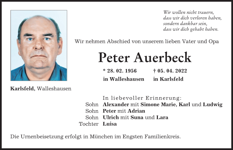  Traueranzeige für Peter Auerbeck vom 16.04.2022 aus Landsberger Tagblatt