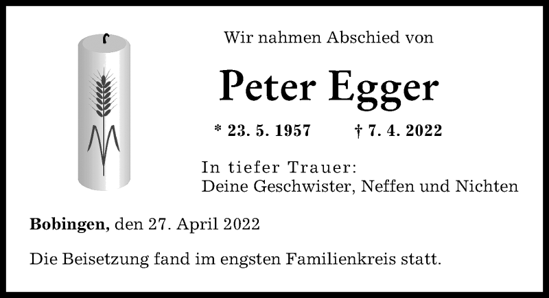  Traueranzeige für Peter Egger vom 27.04.2022 aus Schwabmünchner Allgemeine