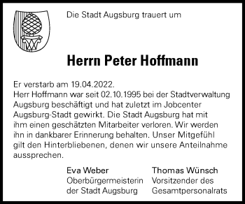 Traueranzeige von Peter Hoffmann von Augsburger Allgemeine