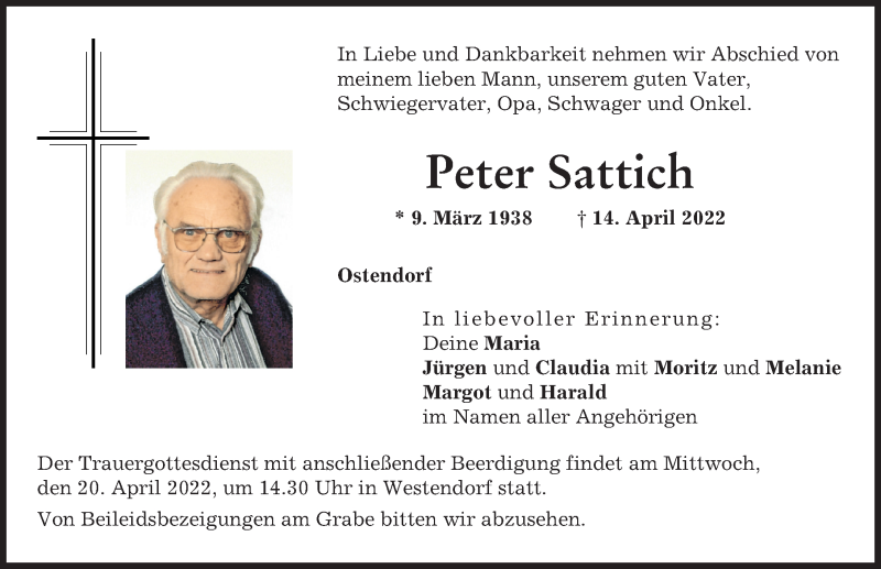  Traueranzeige für Peter Sattich vom 16.04.2022 aus Augsburg-Land