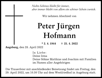 Traueranzeige von Peter Jürgen Hofmann von Augsburger Allgemeine
