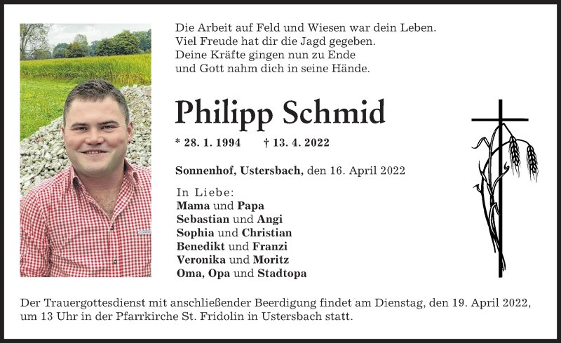  Traueranzeige für Philipp Schmid vom 16.04.2022 aus Augsburger Allgemeine