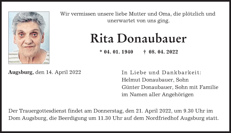  Traueranzeige für Rita Donaubauer vom 14.04.2022 aus Augsburger Allgemeine
