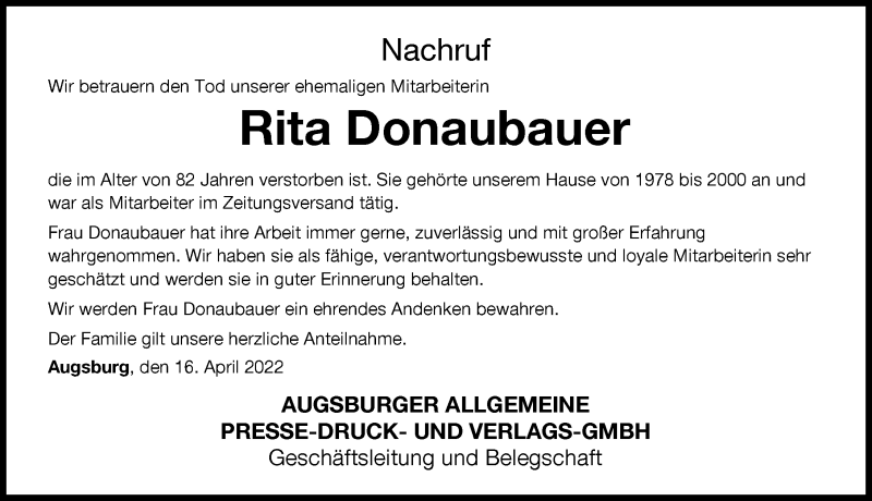  Traueranzeige für Rita Donaubauer vom 16.04.2022 aus Augsburger Allgemeine