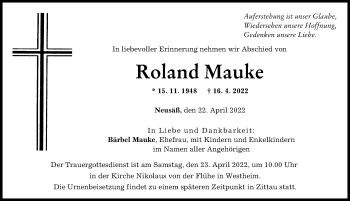 Traueranzeige von Roland Mauke von Augsburger Allgemeine
