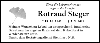 Traueranzeige von Rotraud Steger von Günzburger Zeitung