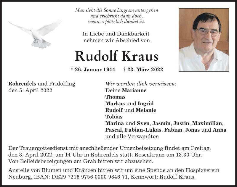  Traueranzeige für Rudolf Kraus vom 05.04.2022 aus Neuburger Rundschau