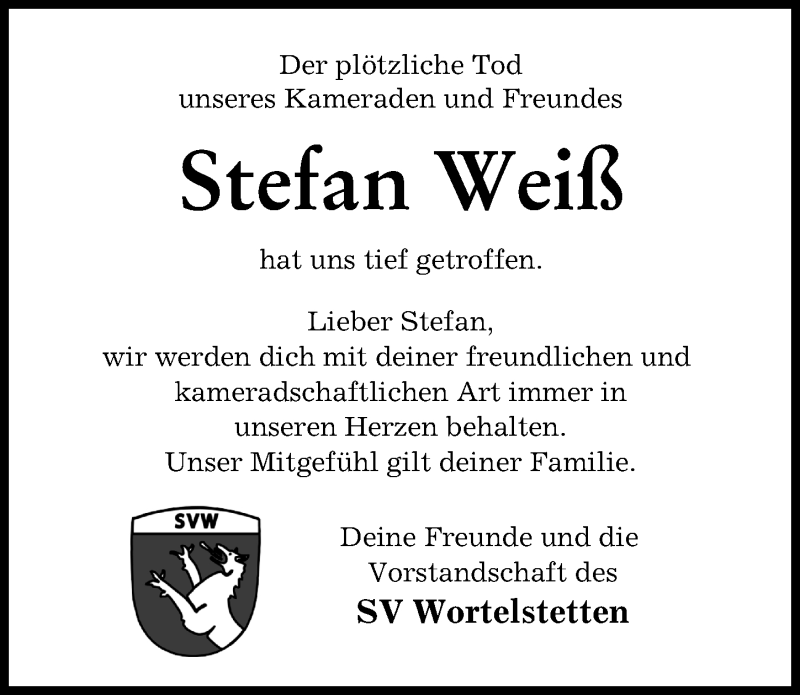  Traueranzeige für Stefan Weiß vom 13.04.2022 aus Donauwörther Zeitung, Wertinger Zeitung