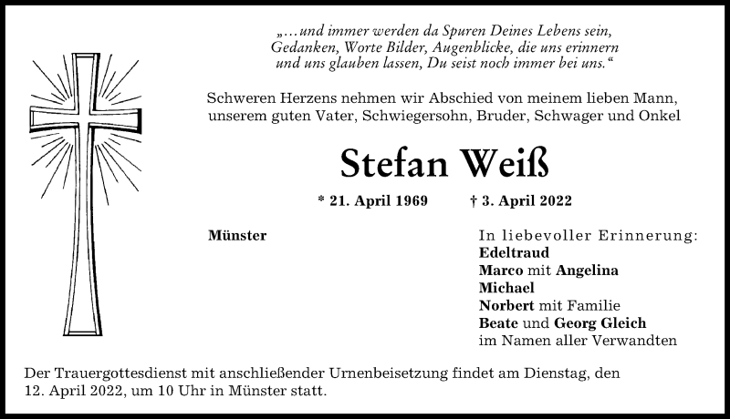  Traueranzeige für Stefan Weiß vom 09.04.2022 aus Donauwörther Zeitung