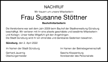 Traueranzeige von Susanne Stöttner von Günzburger Zeitung