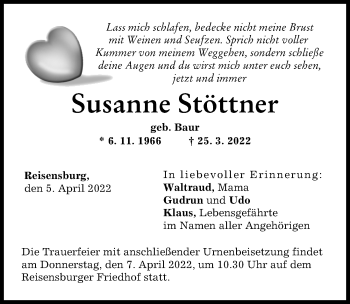 Traueranzeige von Susanne Stöttner von Günzburger Zeitung