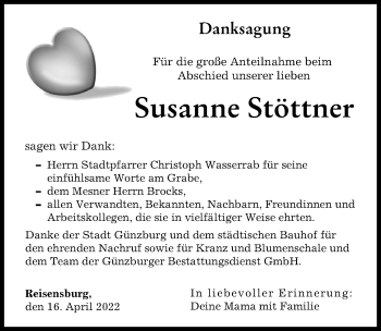 Traueranzeige von Susanne Stöttner von Günzburger Zeitung