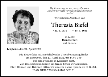 Traueranzeige von Theresia Biefel von Günzburger Zeitung