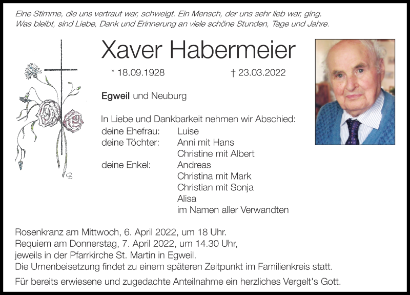 Traueranzeige für Xaver Habermeier vom 05.04.2022 aus Neuburger Rundschau