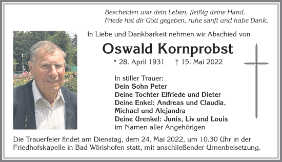 Traueranzeige von Oswald Kornprobst von Mindelheimer Zeitung
