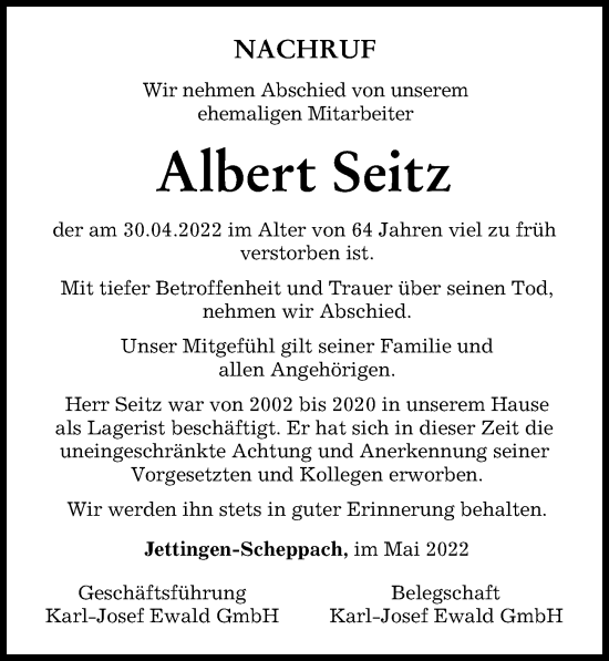 Traueranzeige von Albert Seitz von Günzburger Zeitung