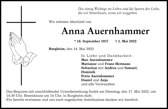 Traueranzeige von Anna Auernhammer von Neuburger Rundschau