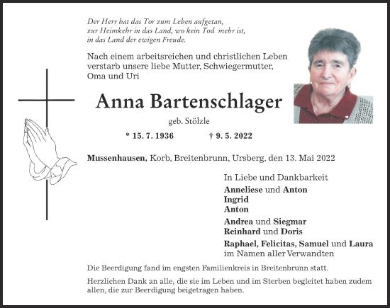 Traueranzeige von Anna Bartenschlager von Mindelheimer Zeitung
