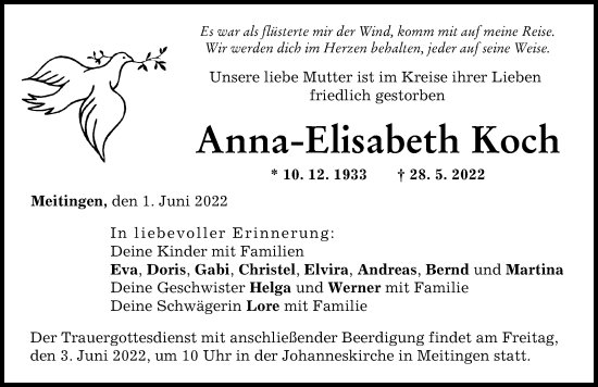 Traueranzeige von Anna-Elisabeth Koch von Augsburg-Land