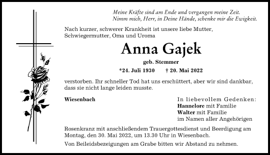 Traueranzeige von Anna Gajek von Aichacher Nachrichten