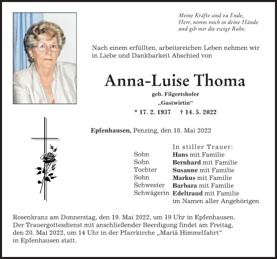 Traueranzeige von Anna-Luise Thoma von Landsberger Tagblatt