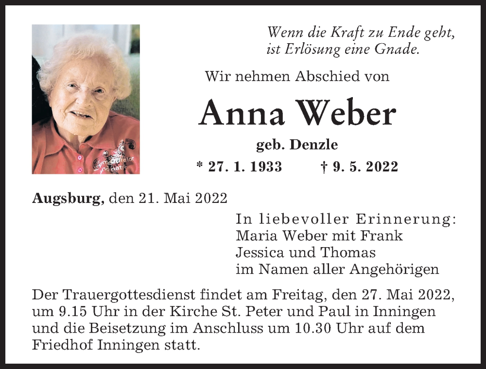  Traueranzeige für Anna Weber vom 21.05.2022 aus Augsburger Allgemeine