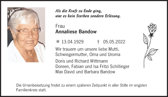 Traueranzeige von Annaliese Bandow von Neuburger Rundschau