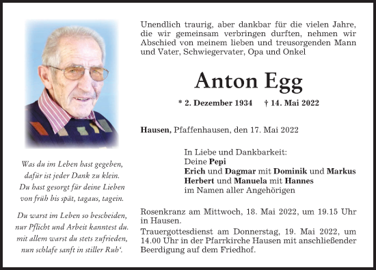 Traueranzeige von Anton Egg von Mindelheimer Zeitung
