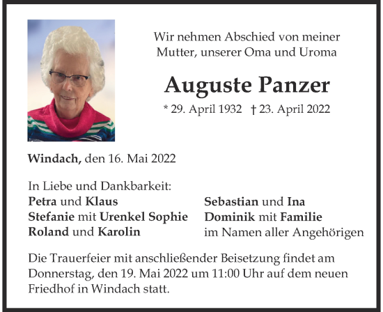 Traueranzeige von Auguste Panzer von Landsberger Tagblatt
